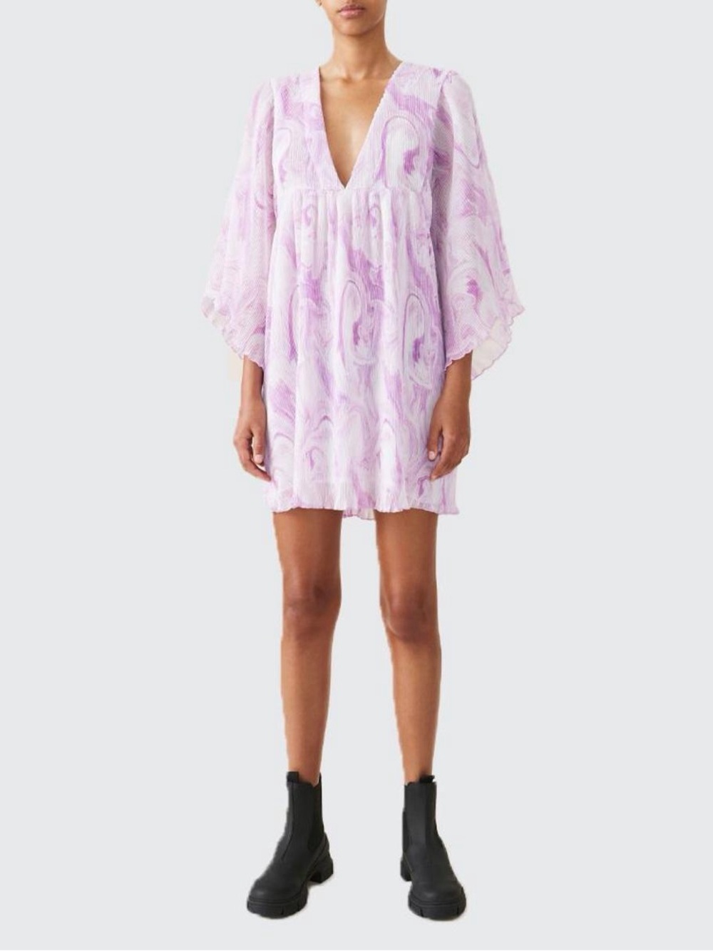 NWOT GANNI Orchid Bloom Pleated Georgette Oversized Mini Dress S/M Lilac Swirl